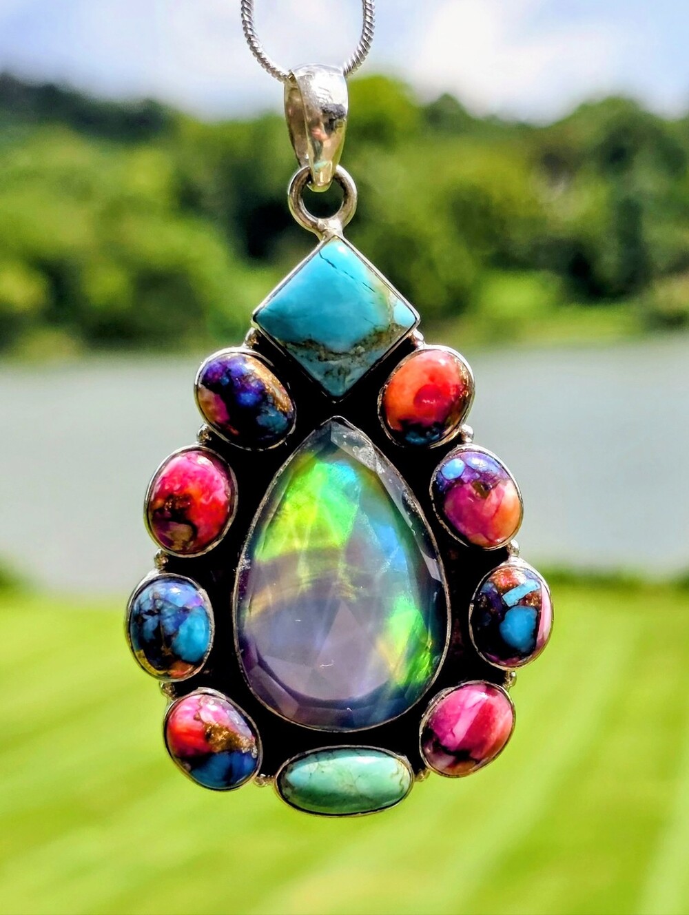 Large Pendant With Aurora Opal, Turquoise, & Spiny Oyster In 925 Sterling Silver